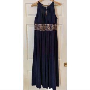 R&M Richards Richards Navy Keyhole Dress Gown w/ Gold Floral Waistband size 16